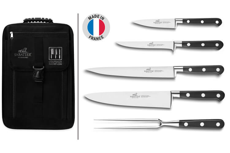 Sac spécial chef Sabatier Idéal Inox 4 couteaux de cuisine français + 1 fourchette - Exclusivité