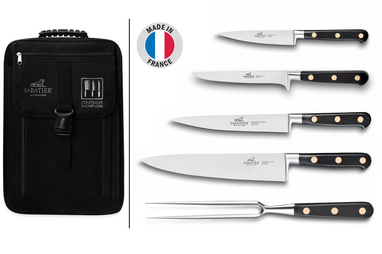 Sac sp&eacute;cial chef Sabatier Chef 4 couteaux de cuisine fran&ccedil;ais + 1  fourchette - Exclusivit&eacute;