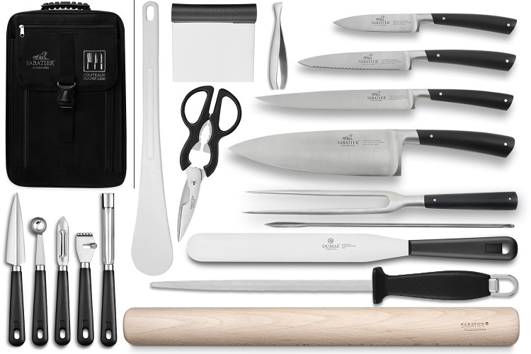 Sac sp&eacute;cial chef Sabatier Edonist 4 couteaux de cuisine fran&ccedil;ais + 14 ustensiles - Exclusivit&eacute;