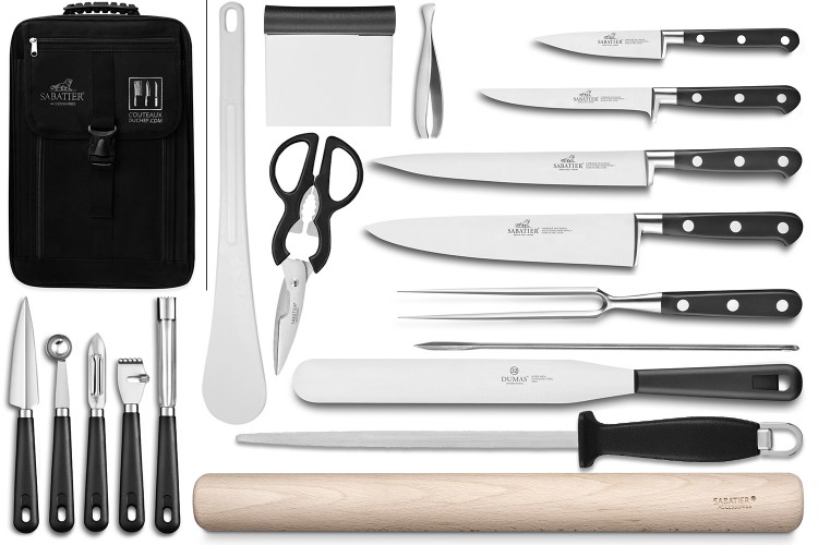 Sac sp&eacute;cial chef Sabatier Id&eacute;al Inox 4 couteaux de cuisine fran&ccedil;ais + 14 ustensiles - Exclusivit&eacute;