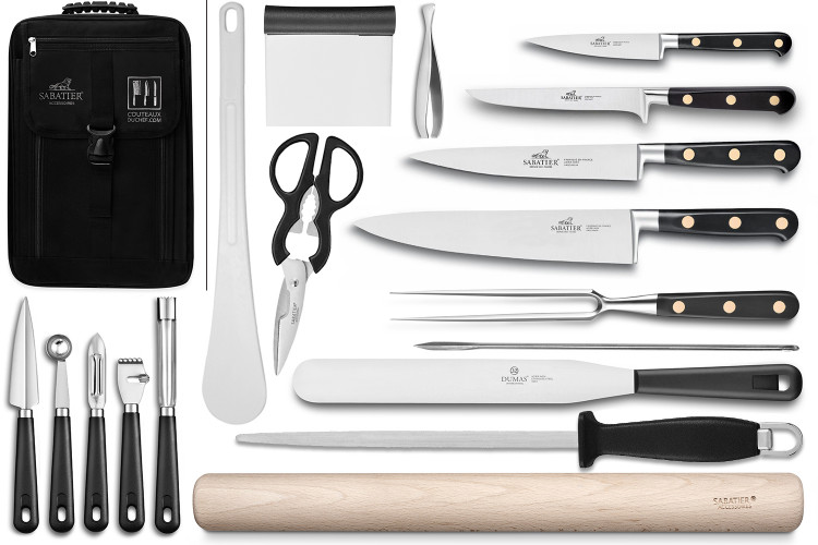 Sac sp&eacute;cial chef Sabatier Chef 4 couteaux de cuisine fran&ccedil;ais + 14 ustensiles - Exclusivit&eacute;