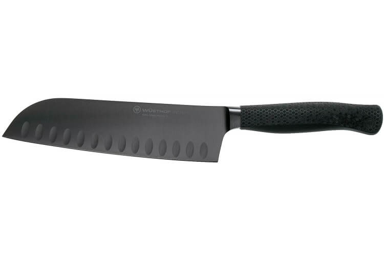Couteau santoku Wusthof Performer lame alvéolée 17cm à revêtement noir anti-rayures