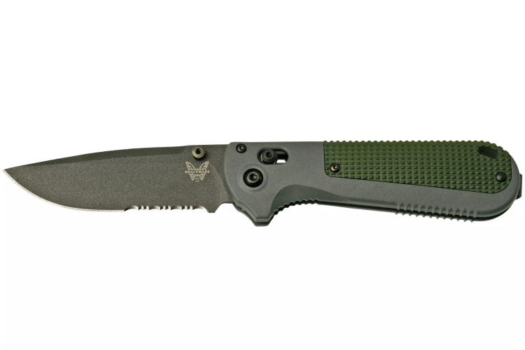 Couteau pliant Benchmade Redoubt 430SBK lame semi-dentel&eacute;e manche Grivory gris/vert 12cm