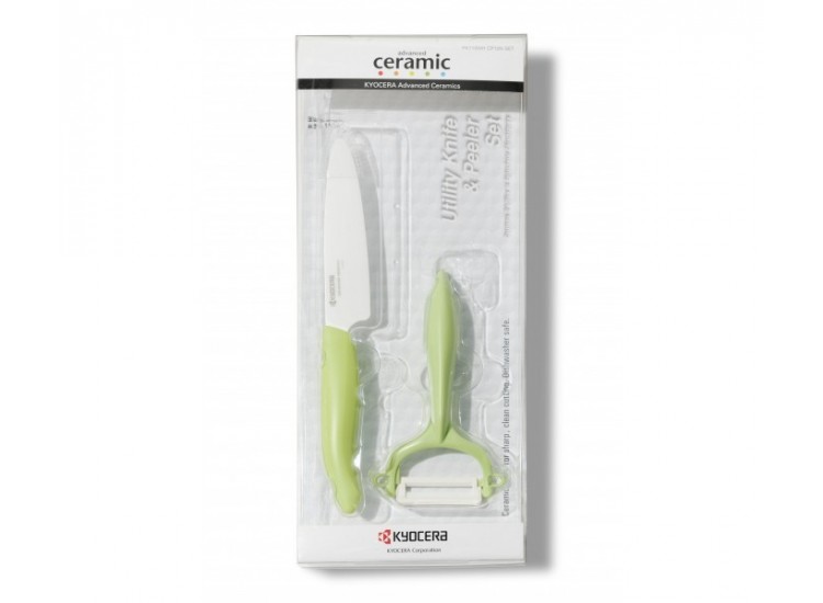 Coffret couteau d'office 11 cm + Eplucheur c&eacute;ramique horizontal vert - Kyocera