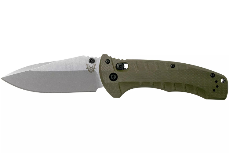 Couteau pliant Benchmade Turret Black 980SBK lame noire semi-dent&eacute;e manche G10 vert olive 12cm