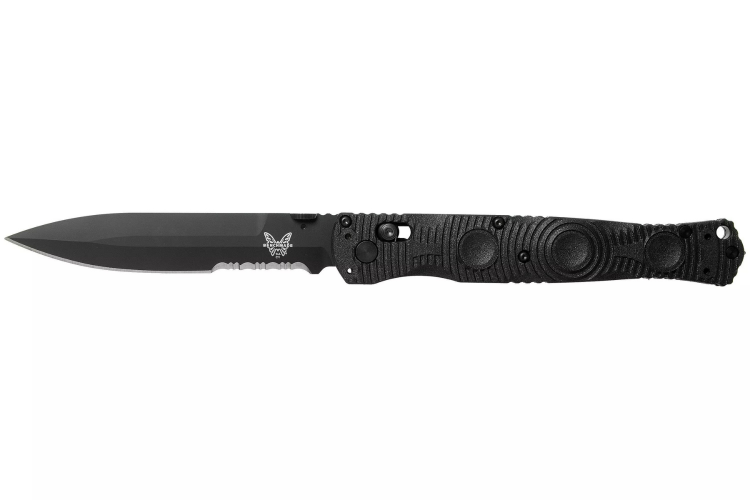 Couteau pliant Benchmade Socp Tactical Folder 391SBK lame dentel&eacute;e manche fibre de carbone CF-Elite&reg; 14cm pic brise-vitre