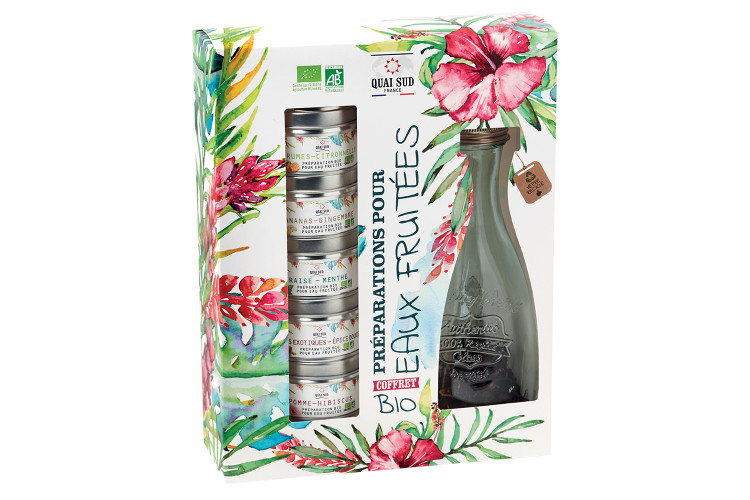 Coffret 5 pr&eacute;parations bio pour eaux fruit&eacute;es Quai Sud avec carafe et paille en verre