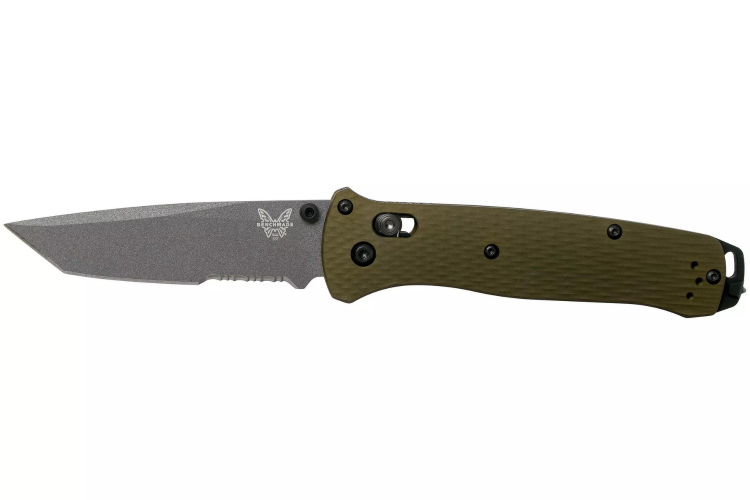 Couteau pliant Benchmade Bailout 537SGY-1 lame semi-dent&eacute;e manche aluminium anodis&eacute; vert 11cm avec brise-vitre