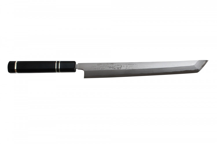 Couteau sakimaru takohiki japonais artisanal Naoki Mazaki Damascus biseaut&eacute; 27cm