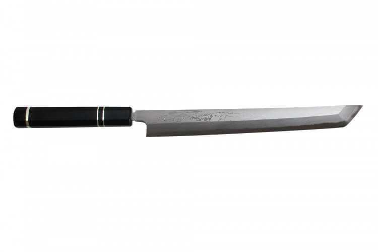 Couteau sakimaru takohiki japonais artisanal Naoki Mazaki Damascus biseauté 27cm