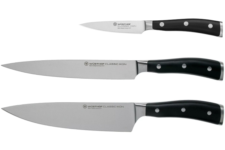 Coffret 3 couteaux W&uuml;sthof Classic Ikon forg&eacute;s - office 9cm + tranchelard 20cm + chef 20cm
