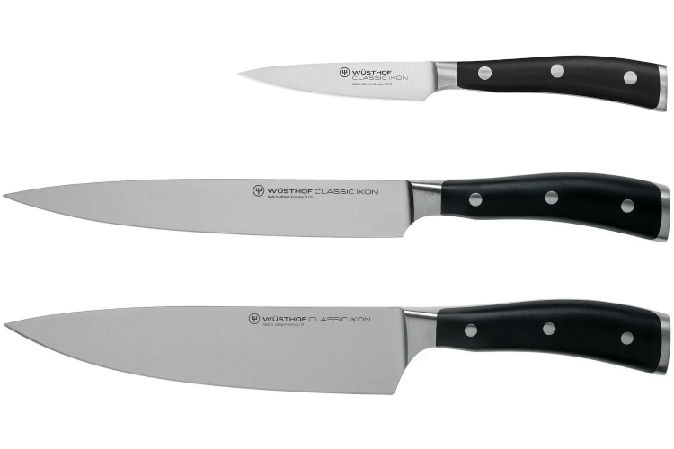 Coffret 3 couteaux Wüsthof Classic Ikon forgés - office 9cm + tranchelard 20cm + chef 20cm