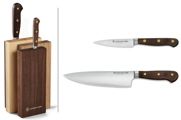 Bloc 2 couteaux forg&eacute;s W&uuml;sthof Crafter design en ch&ecirc;ne, &eacute;rable et h&ecirc;tre