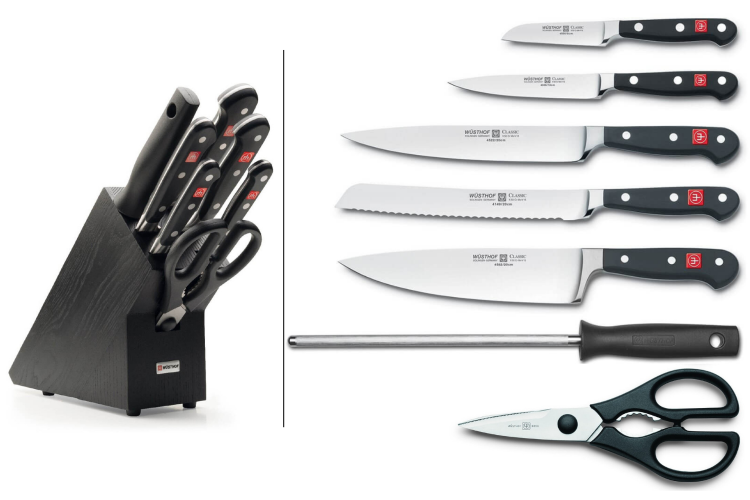 Bloc cuisine Wusthof Classic noir 7 pi&egrave;ces - 5 couteaux + 1 fusil et une paire de ciseaux