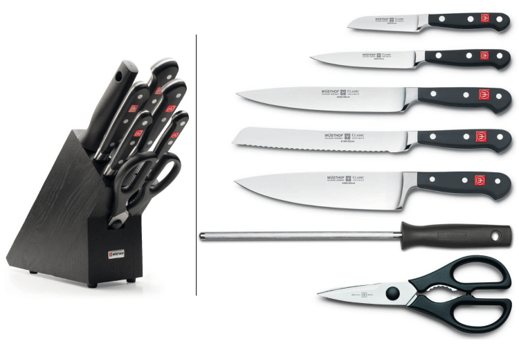 Bloc cuisine Wusthof Classic noir 7 pièces - 5 couteaux + 1 fusil et une paire de ciseaux