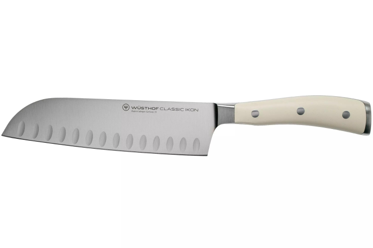 Couteau santoku W&uuml;sthof Classic Ikon blanc forg&eacute; lame alv&eacute;ol&eacute;e 17cm