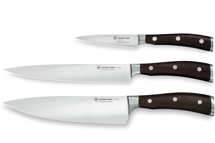 Coffret 3 couteaux Wusthof Ikon forg&eacute;s - office 9cm + tranchelard 20cm + chef 20cm