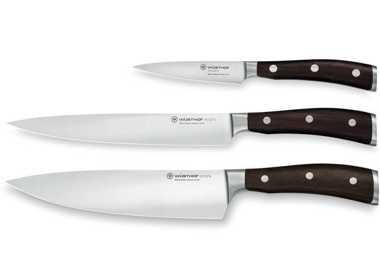 Coffret 3 couteaux Wusthof Ikon forgés - office 9cm + tranchelard 20cm + chef 20cm
