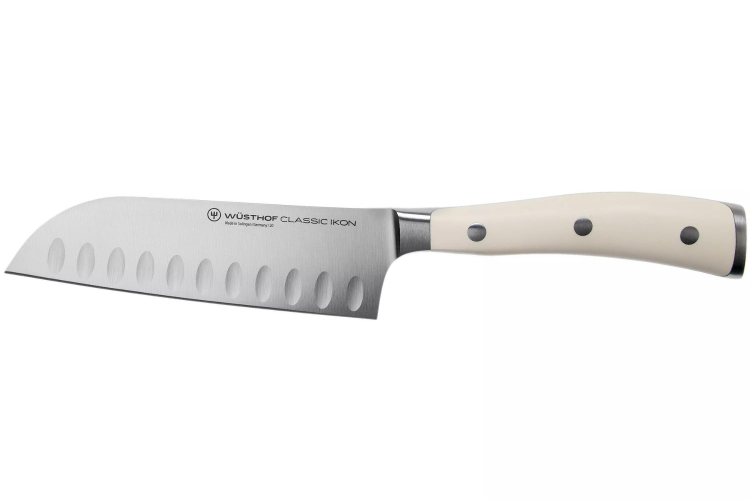 Couteau santoku W&uuml;sthof Classic Ikon blanc forg&eacute; lame alv&eacute;ol&eacute;e 14cm