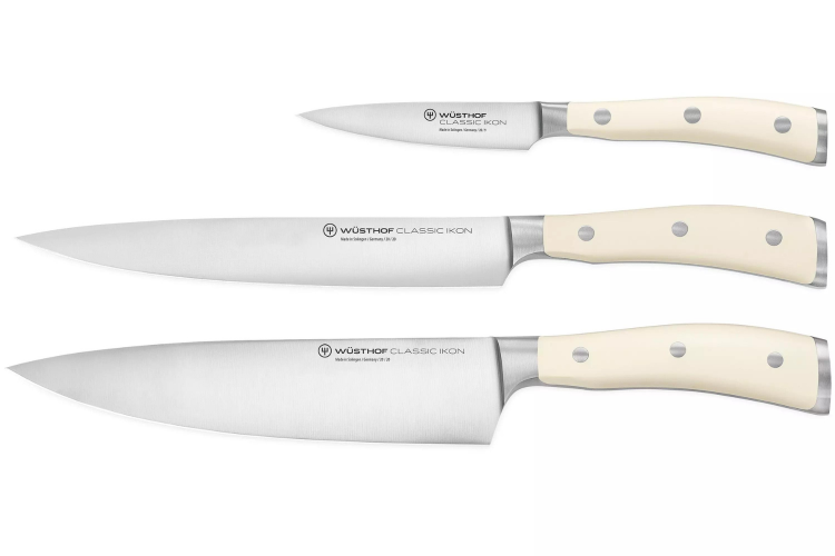 Coffret 3 couteaux W&uuml;sthof Classic Ikon blanc forg&eacute;s - office 9cm + tranchelard 20cm + chef 20cm
