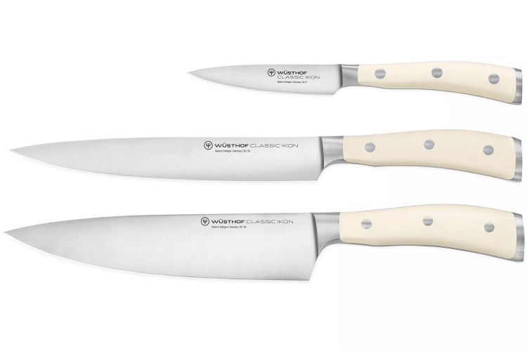 Coffret 3 couteaux Wüsthof Classic Ikon blanc forgés - office 9cm + tranchelard 20cm + chef 20cm
