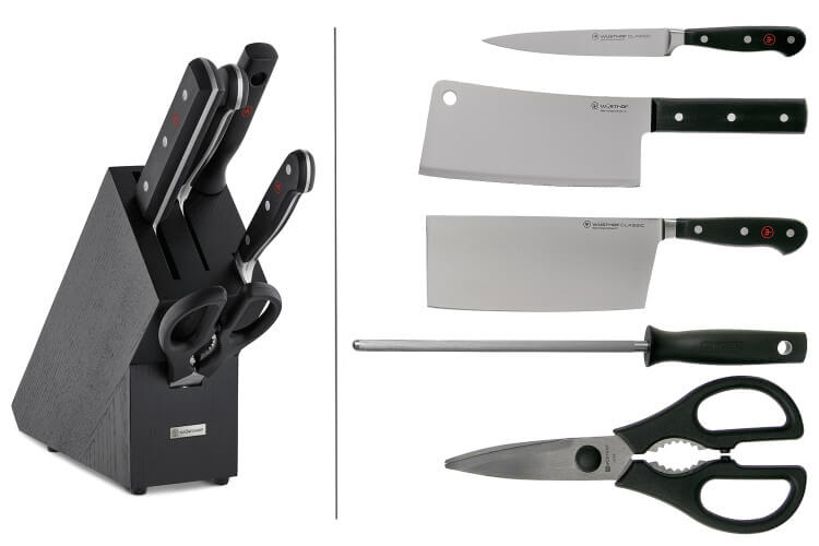 Bloc cuisine 4 pièces Wusthof Classic forgés - 3 couteaux + 1 fusil et une paire de ciseaux