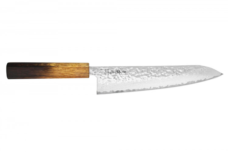 Couteau de chef japonais artisanal Wusaki Yaketa AUS10 damas martel&eacute; ch&ecirc;ne br&ucirc;l&eacute; 21cm