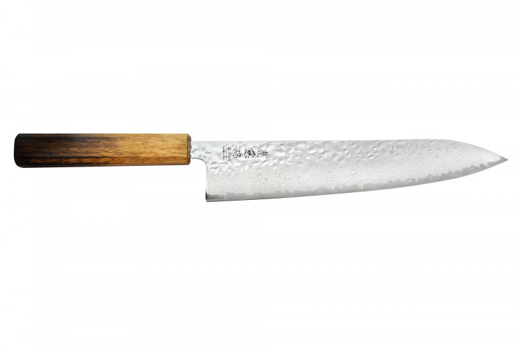 Couteau de chef japonais artisanal Wusaki Yaketa AUS10 damas martel&eacute; ch&ecirc;ne br&ucirc;l&eacute; 24cm