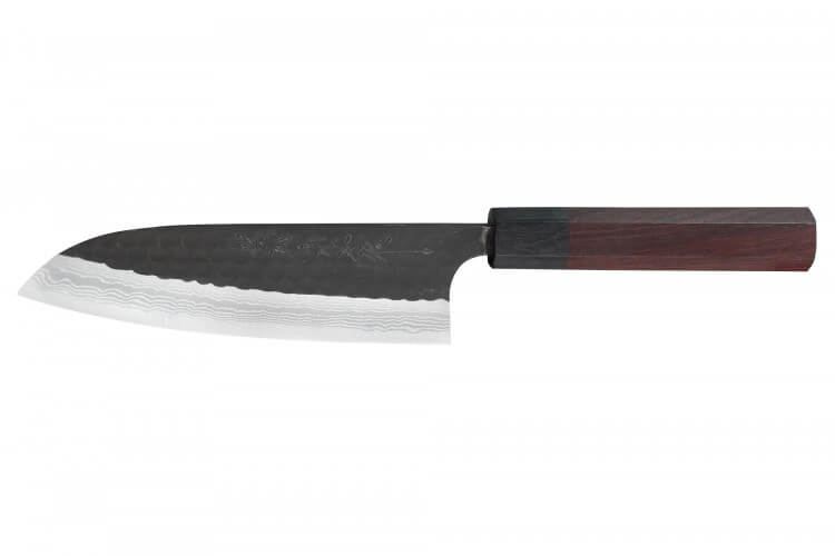 Couteau santoku japonais artisanal Nao Yamamoto Damas AS brut de forge 16,5cm