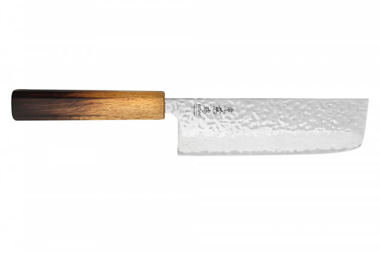 Couteau nakiri japonais artisanal Wusaki Yaketa AUS10 damas martelé 16,5cm