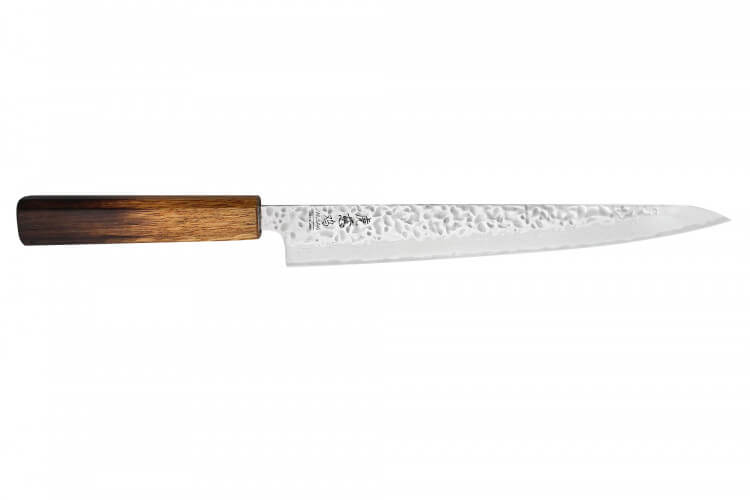 Couteau sujihiki japonais artisanal Wusaki Yaketa AUS10 damas martelé 24cm