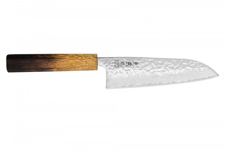 Couteau santoku japonais artisanal Wusaki Yaketa AUS10 damas martel&eacute; 16,5cm
