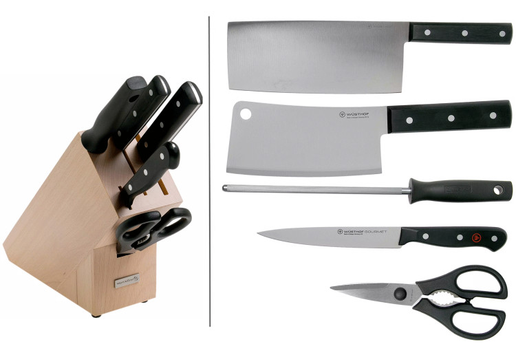 Bloc W&uuml;sthof Gourmet 5 pi&egrave;ces - 3 couteaux + 1 fusil et une paire de ciseaux