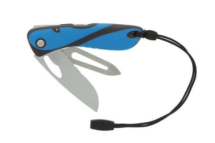Couteau pliant Wichard Offshore 10126 lame semi-crant&eacute;e avec d&eacute;manilleur manche bleu