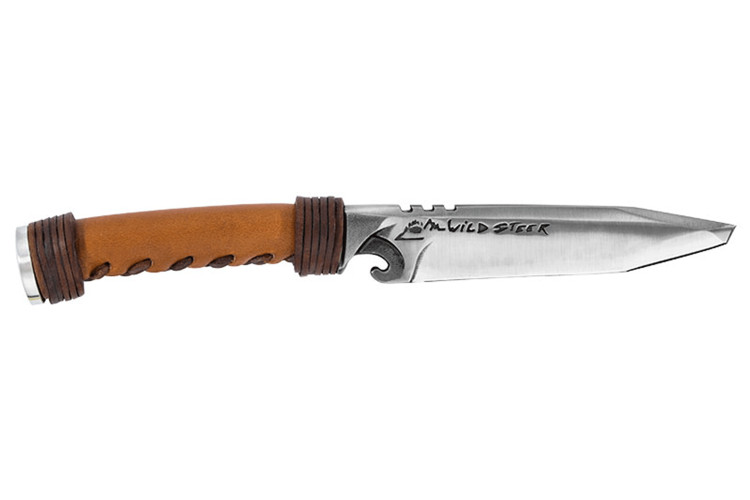 Couteau de chasse Wildsteer WILD0101P forg&eacute; lame tanto 11,5cm manche cuir clair + &eacute;tui en cuir assorti + pierre &agrave; feu