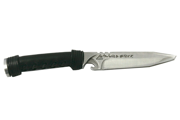 Couteau de chasse Wildsteer WILD0103P forg&eacute; lame tanto 11,5cm manche cuir noir + pierre &agrave; feu + &eacute;tui en cuir assorti