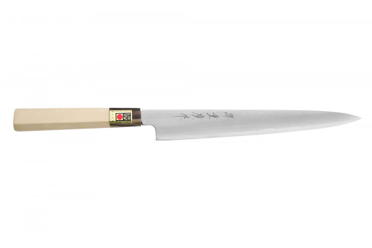 Couteau sujihiki japonais artisanal Kasahara Shigehiro forg&eacute; par Yoshikazu Ikeda 24cm