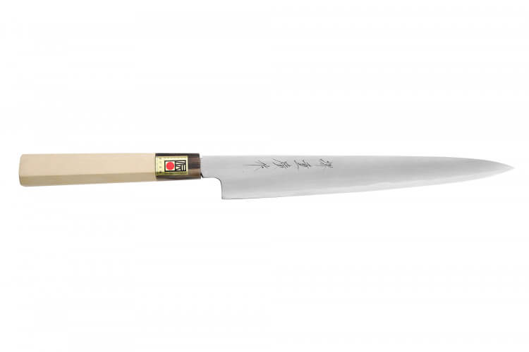 Couteau sujihiki japonais artisanal Kasahara Shigehiro forgé par Yoshikazu Ikeda 24cm
