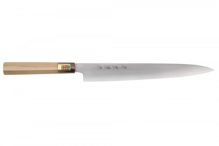 Couteau sujihiki japonais artisanal Kasahara Shigehiro forg&eacute; par Yoshikazu Ikeda 27cm