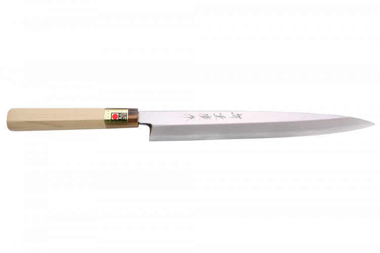 Couteau yanagiba japonais artisanal Kasahara Shigehiro forg&eacute; par Yoshikazu Ikeda 24cm