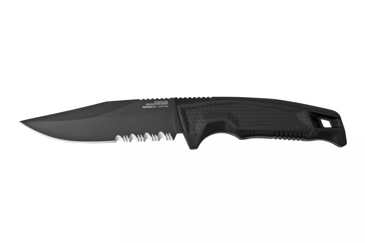 Couteau SOG Recondo FX SGRECONDOFXSBK lame dent&eacute;e 11,7cm manche en caoutchouc noir + &eacute;tui