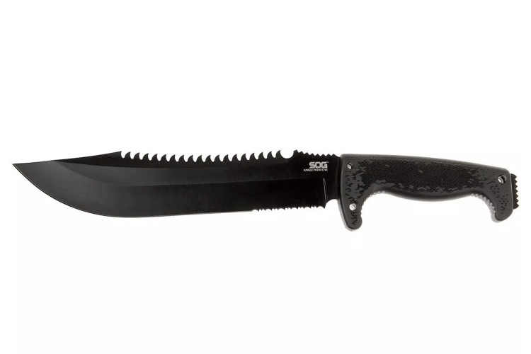 Machette SOG Jungle Primitive SGF03TN 37cm lame mixte manche en Kraton noir avec &eacute;tui en nylon