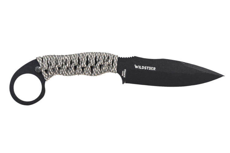 Couteau Wildsteer Talim TAL3114 lame noire 9,7cm manche paracorde urban camo + étui Kydex