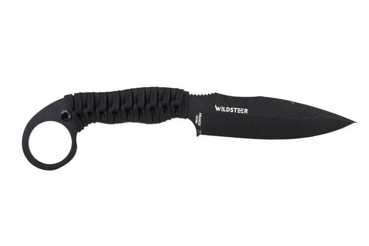 Couteau Wildsteer Talim TAL3113 lame noire 9,7cm manche paracorde noire + étui Kydex