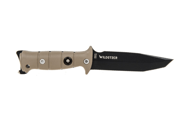 Couteau de survie Wildsteer Tork lame noire semi-dent&eacute;e 13,3cm manche Tactipr&egrave;ne marron avec brise-vitre + &eacute;tui + pierre &agrave; feu