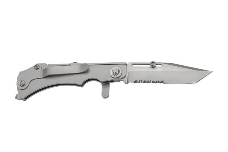 Couteau pliant multifonction Wildsteer W Pocket WPO02 lame semi-dent&eacute;e manche acier 11,7cm avec brise-vitre et coupe-sangle