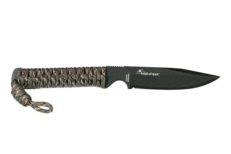 Couteau Wildsteer Wild Tech4 WT43111 lame noire 9cm manche paracorde D&eacute;sert Camo + &eacute;tui en POM