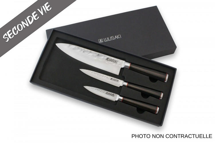 Coffret 3 couteaux Wusaki Ebony AUS8 &eacute;b&egrave;ne Chef + Universel + Office - Reconditionn&eacute;