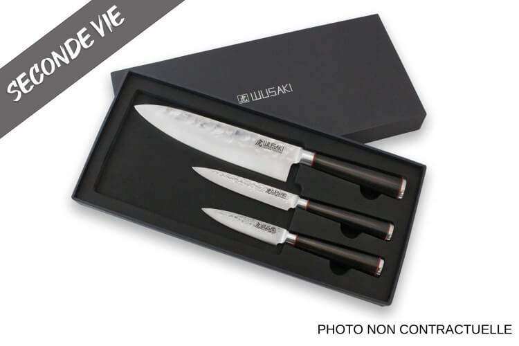Coffret 3 couteaux Wusaki Ebony AUS8 ébène Chef + Universel + Office - Reconditionné