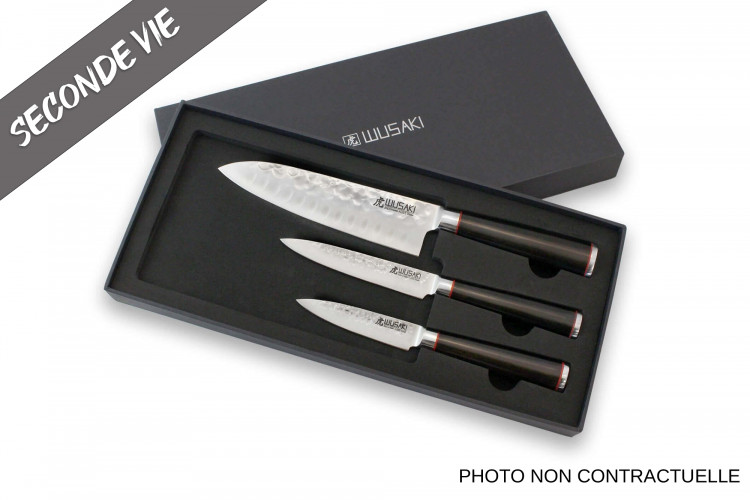 Coffret 3 couteaux Wusaki Ebony AUS8 &eacute;b&egrave;ne Santoku + Universel + Office - Reconditionn&eacute;